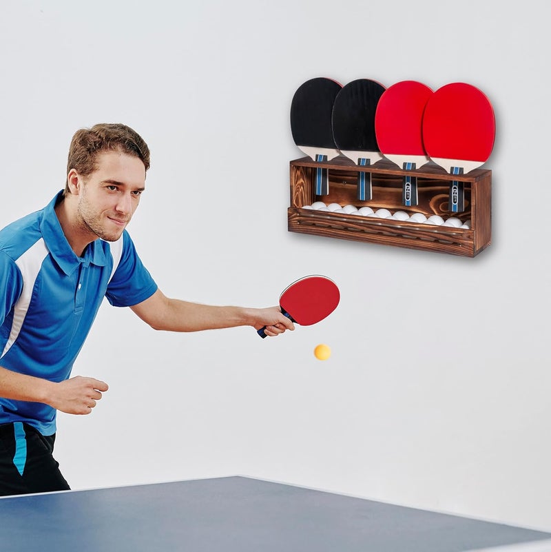 humberboat Ping Pong Paddle Storage Rack, Wall-Mount Table Tennis Paddle Display Holder for 4 Paddles and Ball Storage Shelf, Pine-Wood Ping Pong Rack for Game Room, Bar, Garage, Office, Home - Image 5